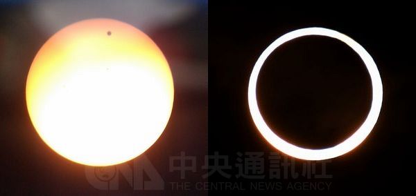 今年有多次天文奇景，「金星凌日」（左）6月6日登場，太陽在雲層裡若隱若現，仍可看見太陽上金星剪影的小黑圓點。5月21日「日環食」（右），在金門可清楚觀賞長達4分鐘。左：中央社記者張新偉攝 101年6月6日，右：中央社記者陳守國金門攝 101年5月21日