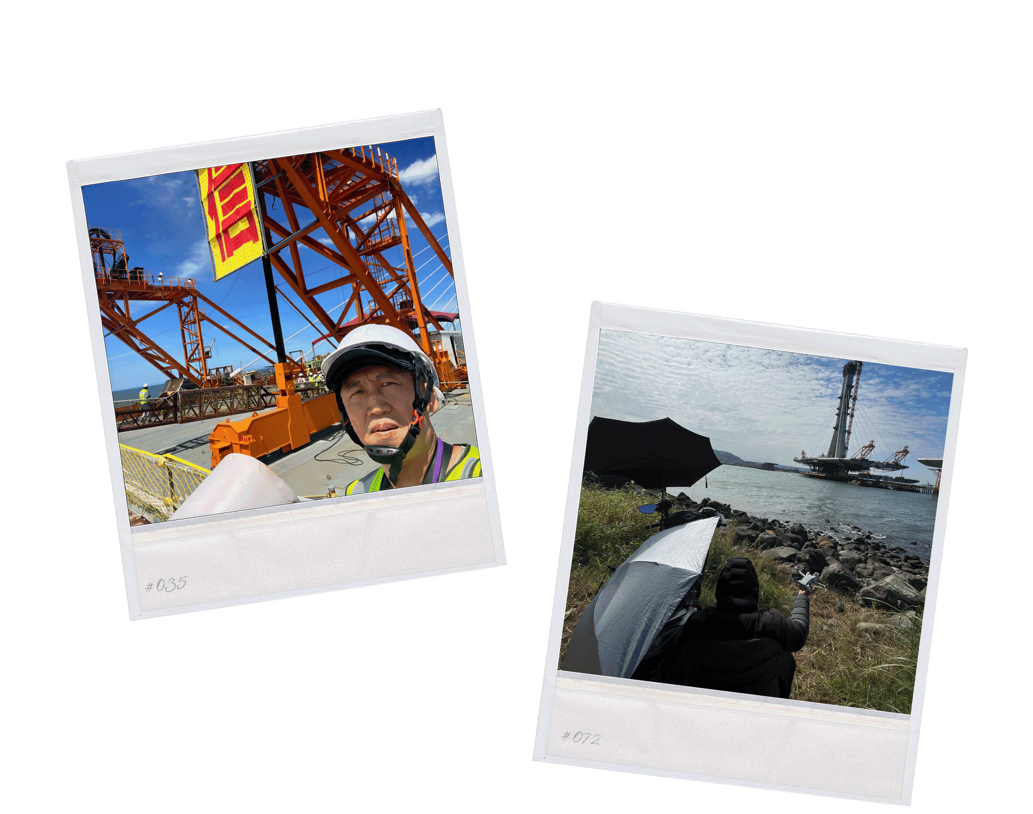 空拍記錄淡江大橋主橋塔與河口施工景觀。