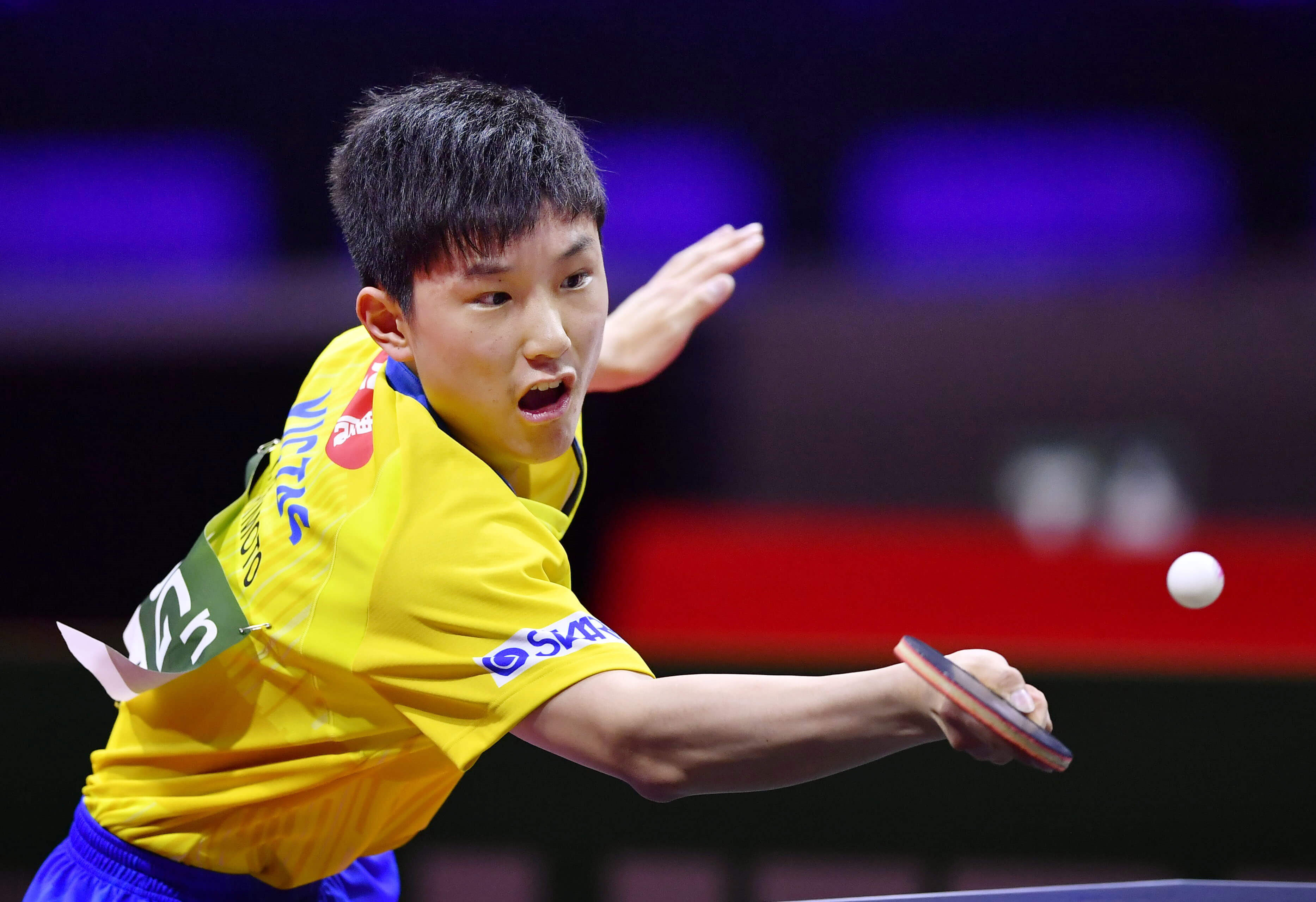 2018年日本桌球一哥張本智和在國際桌球總會世界巡迴賽總決賽男單奪得冠軍，成為本項比賽歷來最年少冠軍得主。圖為張本智和在2019年世界桌球錦標賽出賽情形。（檔案照片／共同社提供）